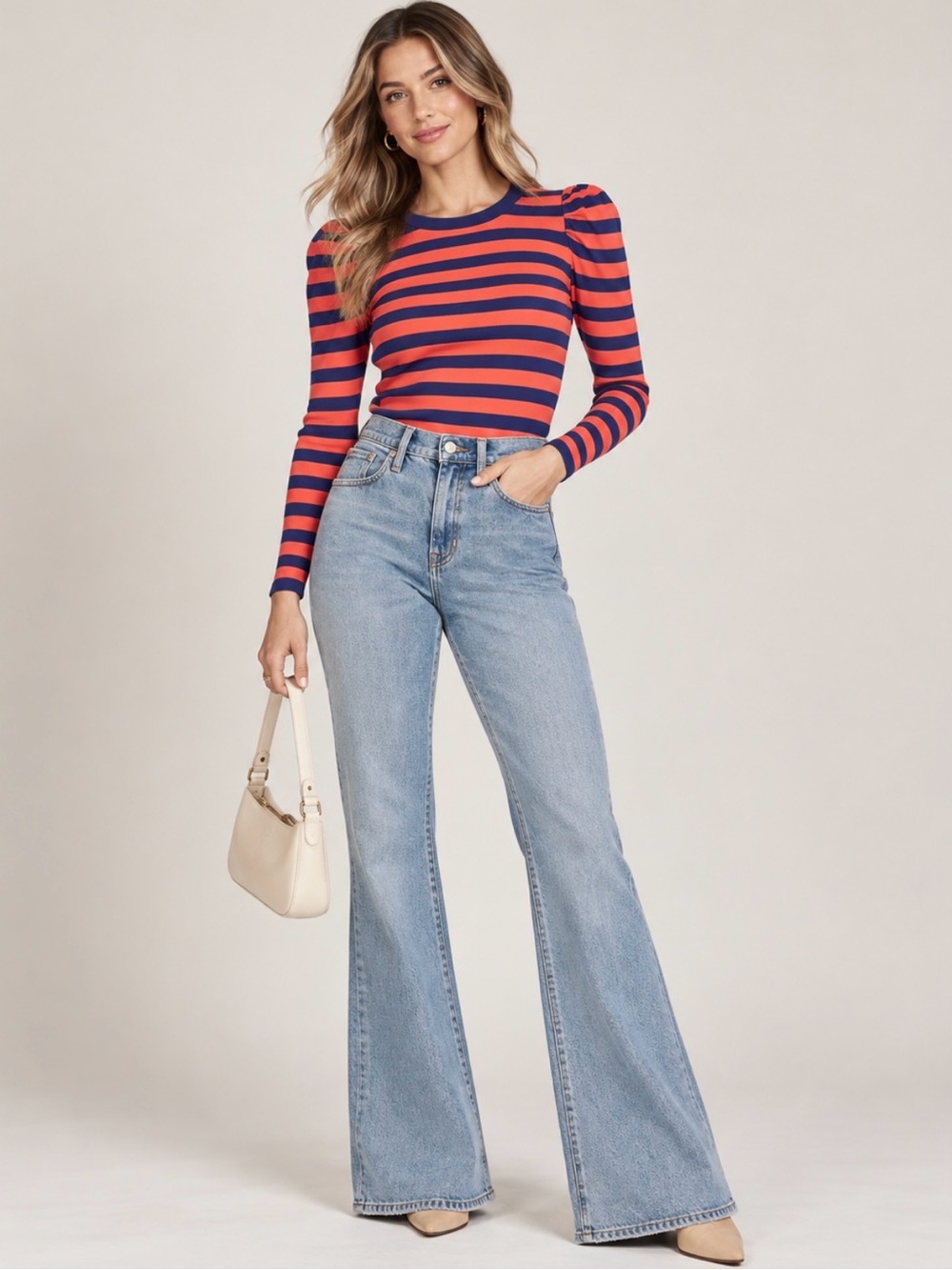 SLVRLAKE High Rise Flare Jeans + Red Navy Puff Sleeve Top Size 25/Small